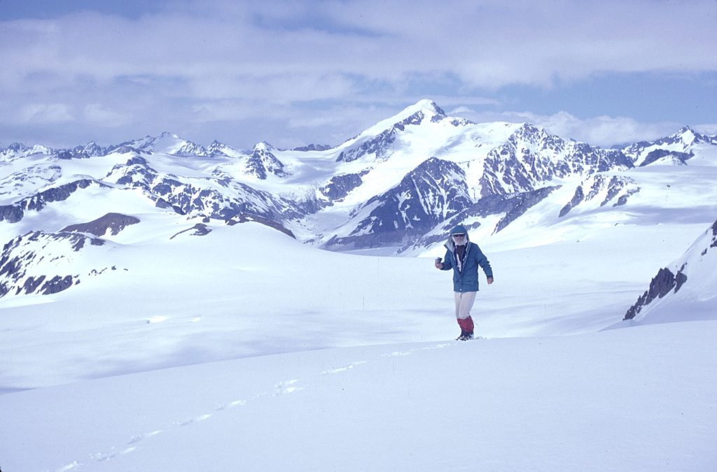 John Clarke with Silverthrone Mountain behind 1991 – Sandy Briggs photo.