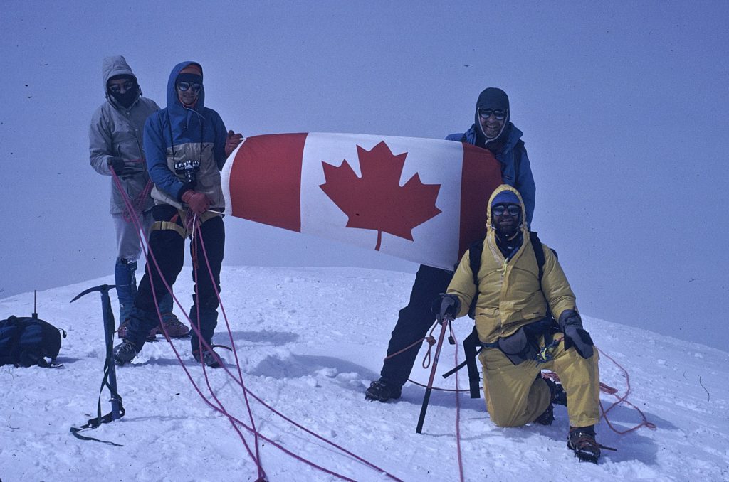 Graham Maddocks, Jim Graves, Sandy Briggs and Murrough O’Brien on the summit of Mt. Kasbek 1990 – possibly Gerta Smythe photo.