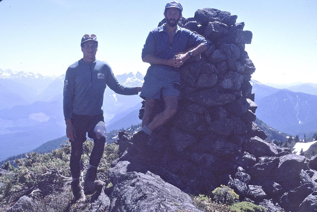 Curtis Lyon and Lindsay Elms on the summit of Mt. Karmutzen 1997 – Sandy Briggs photo.