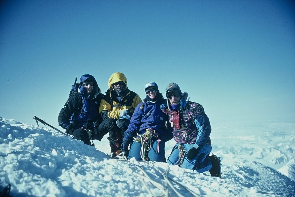 Dave Holden, Lindsay Elms, Julie Micksch and Sandy Briggs on the summit of Mt. Logan 28 May 1996 – Sandy Briggs photo.