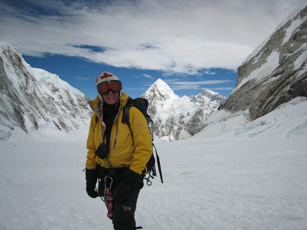 Sylvia Moser in the Western Cwm with Pumori behind her during her attempt on Mt. Everest 2009 – Sylvia Moser photo.