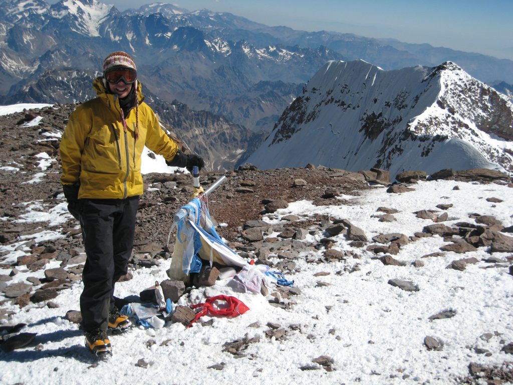Sylvia Moser on the summit of Aconcagua, the highest mountain in South America – Sylvia Moser photo.