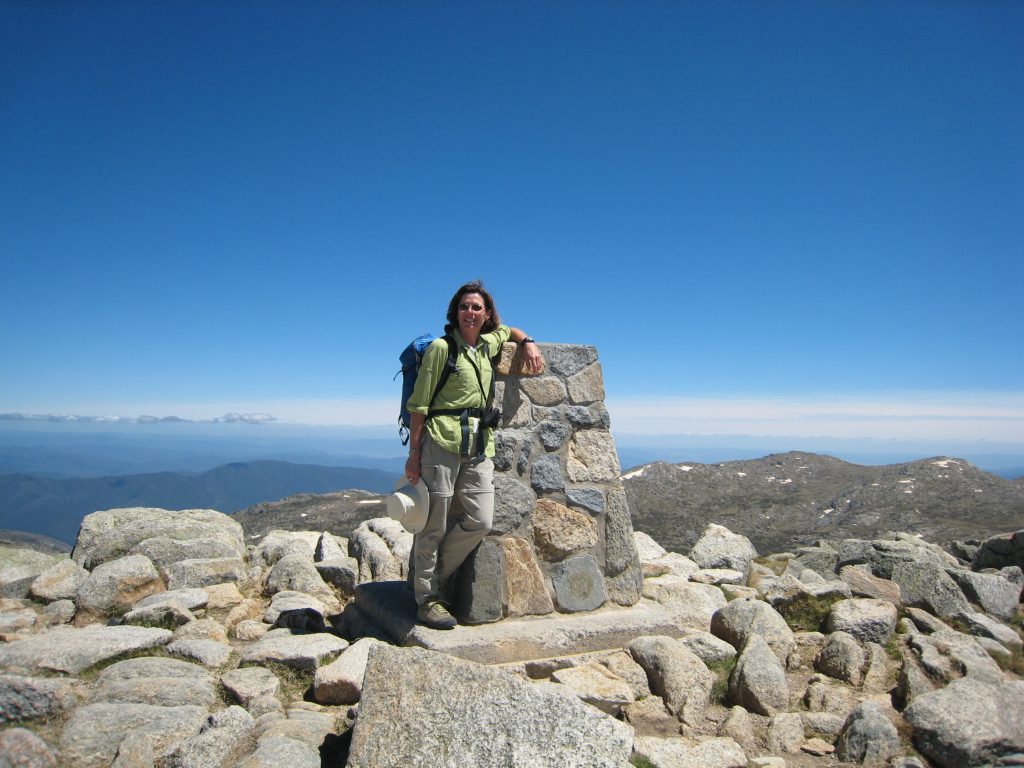 Sylvia Moser on the summit of Mt. Kosciuszko in Australia 2006 – Sylvia Moser photo.