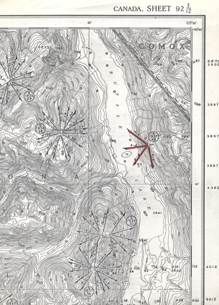 Map showing site of survey stations along Buttle Lake.