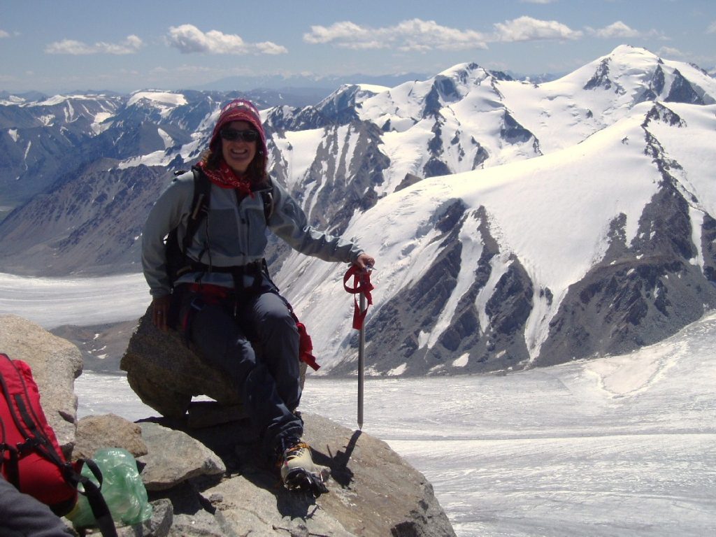 Catrin Brown on the summit of Malchin in Mongolia 2006 – Tony Vaughn photo.