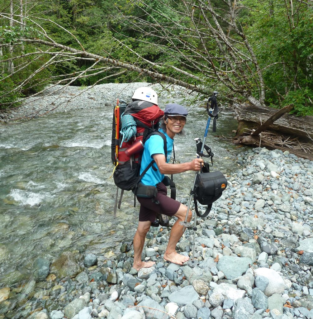 Tak crossing the Elk River 2012 – Valerie Wootton photo.