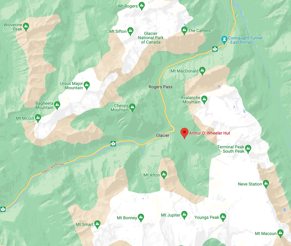 A Google map of Rogers Pass highlighting Wheeler Hut.
