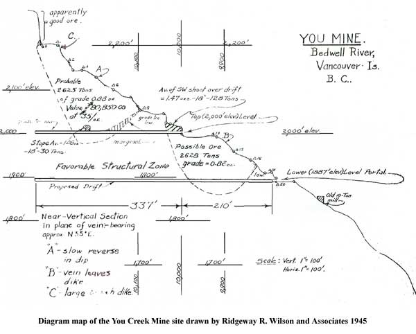 Diagram map of the You Creek Mine site drawn by Ridgeway R. Wilson and Associates 1945.