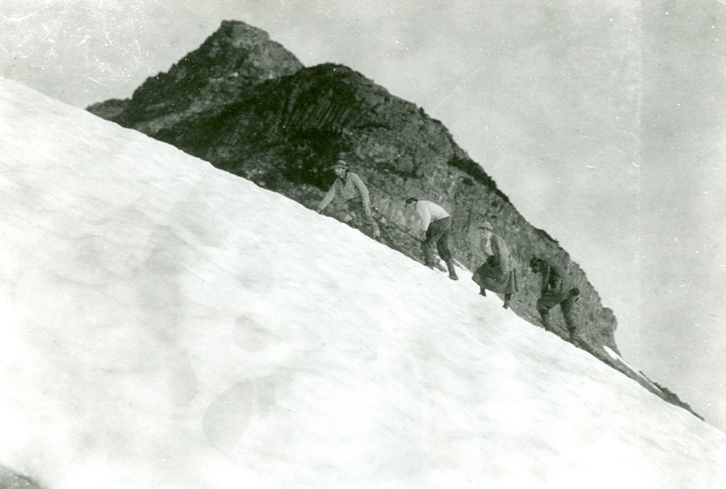 Myra Ellison approaching the summit of Crown Mountain 1910.